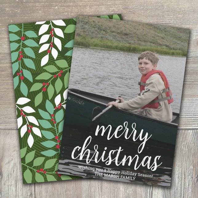 Modern Merry Calligraphy Vertical Photo botanical Holiday Card (Creator Uploaded)