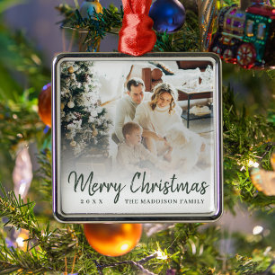 Modern Merry Chirstmas Green Script Family Photo Metal Ornament