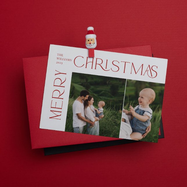 Modern Merry Christmas 2 Photo Red Typography Holiday Card (Spread the magic of the holidays with these beautiful cards 🎅🏼❤️)