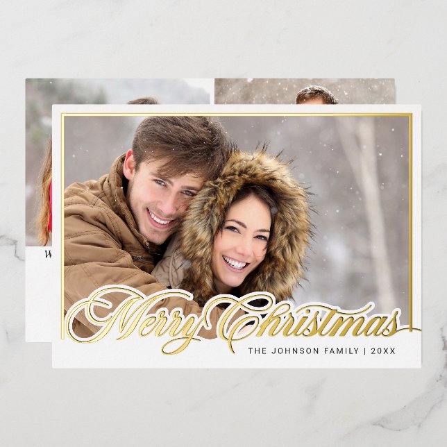 Modern Merry Christmas 3 PHOTO Gold Foil Holiday Card (Front/Back)
