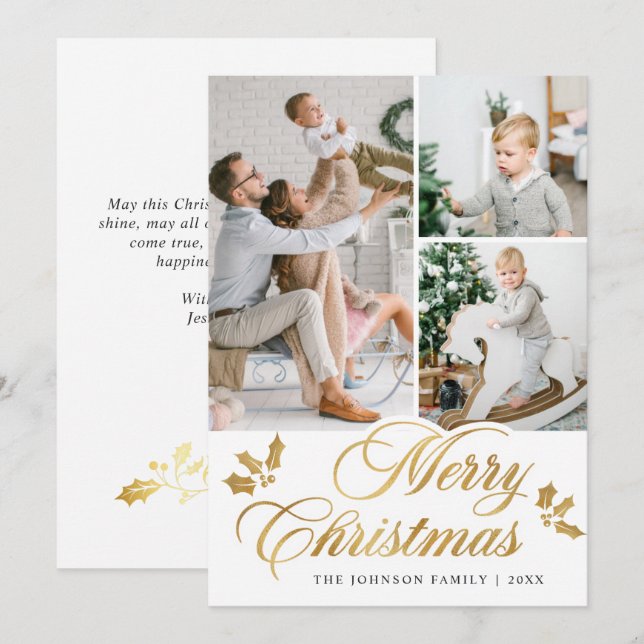 Modern Merry Christmas 3 PHOTO Greeting Holiday Card (Front/Back)