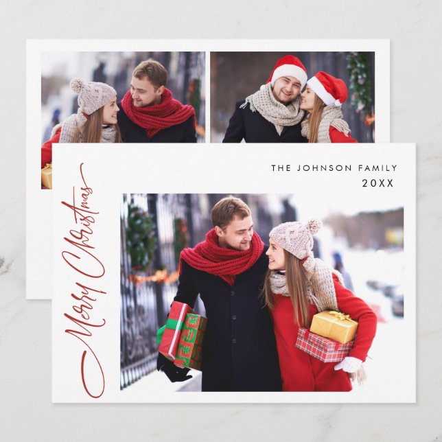 Modern Merry Christmas 3 PHOTO Greeting Holiday Card (Front/Back)