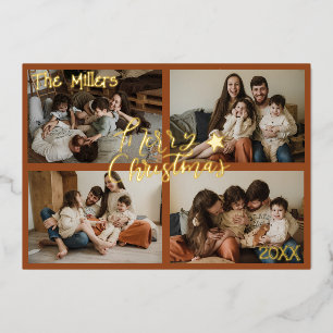 Modern Merry Christmas 4 Photo Collage  Foil Holiday Card