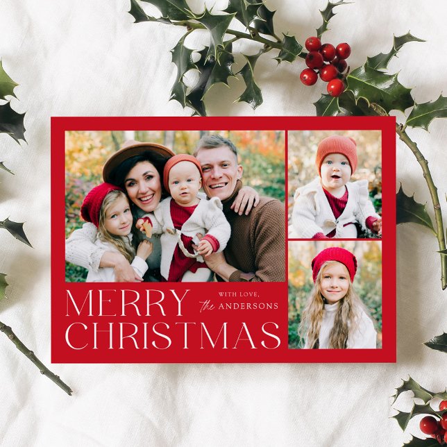 Modern Merry Christmas 4 Photo Collage Holiday Card (Creator Uploaded)