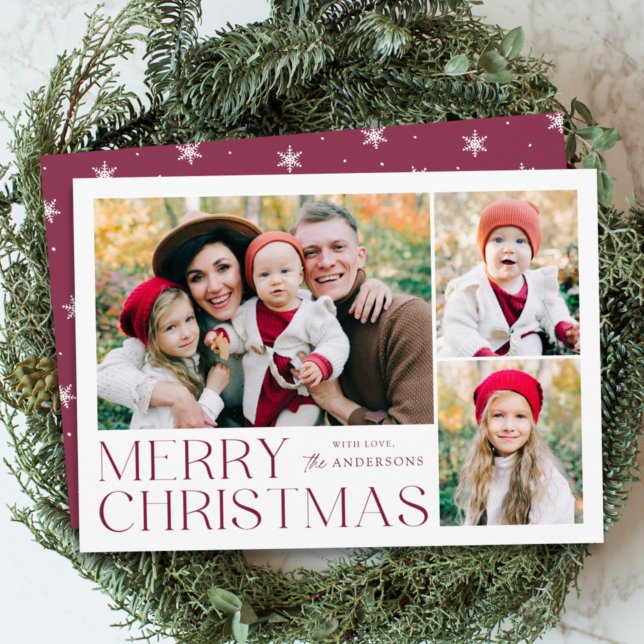 Modern Merry Christmas 4 Photo Collage Holiday Card (Creator Uploaded)