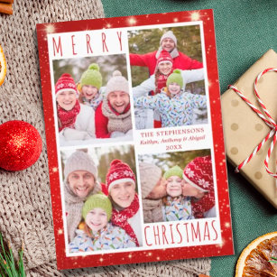 Modern MERRY CHRISTMAS 4 Photo Collage Red Lights Holiday Card
