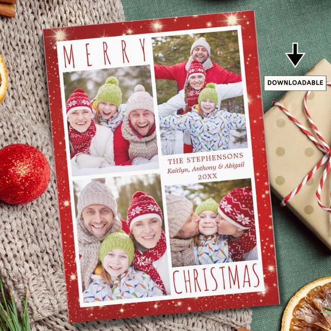 Modern MERRY CHRISTMAS 4 Photo Collage Red Lights Holiday Card (Creator Uploaded)