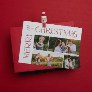 Modern Merry Christmas 4 Photo Red Typography Holiday Card
