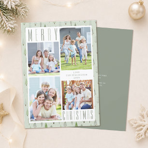 Modern MERRY CHRISTMAS 4 Photo Trees Green Holiday Card