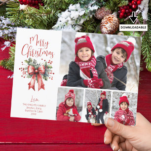 Modern Merry Christmas 4 Photos Script Holly Bow Holiday Card