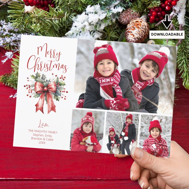 Modern Merry Christmas 4 Photos Script Holly Bow Holiday Card (Creator Uploaded)