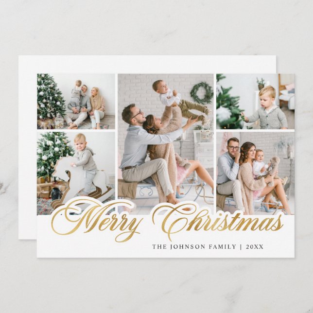 Modern Merry Christmas 5 PHOTO Greeting Holiday Card (Front/Back)