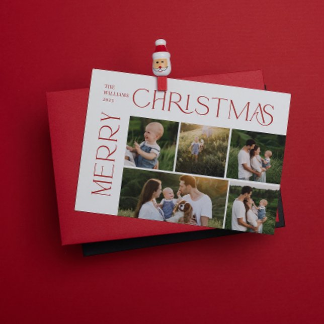 Modern Merry Christmas 5 Photo Red Typography Holiday Card (Spread the magic of the holidays with these beautiful cards 🎅🏼❤️)