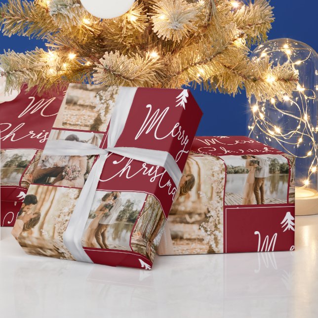Modern merry christmas 5 photos collage grid red wrapping paper (Holidays)