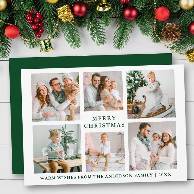 Modern Merry Christmas 6 Photo Green Holiday Card (Customize to change text size or text style.)