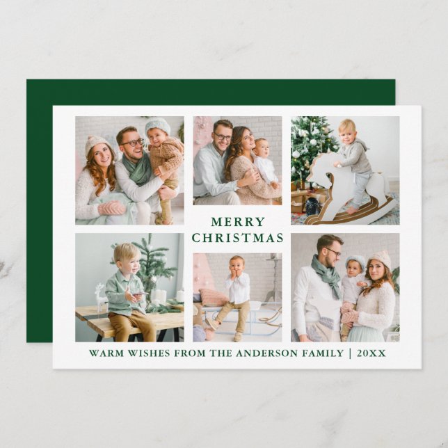 Modern Merry Christmas 6 Photo Green Holiday Card (Front/Back)