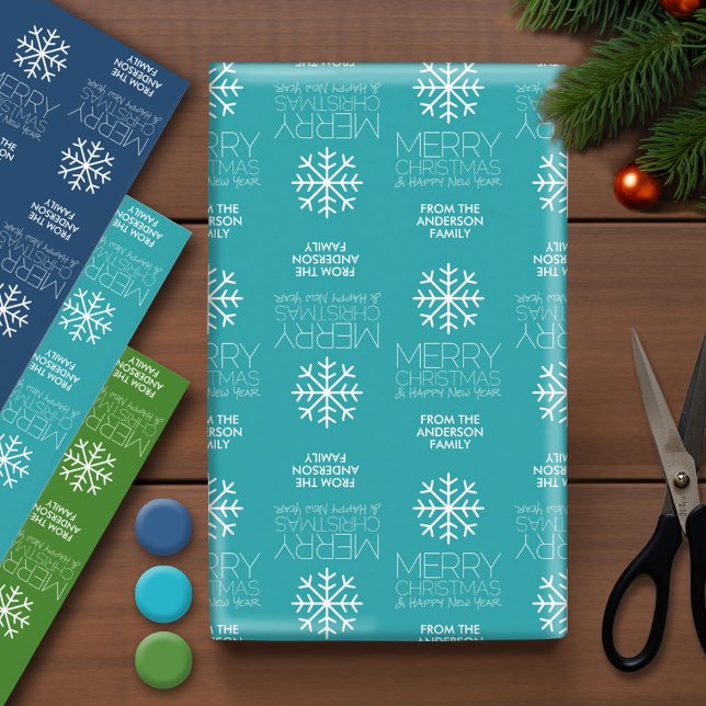 Modern Merry Christmas and HNY Family Name Wrapping Paper Sheet (Custom Wrapping Paper - Holiday and Christmas Theme)