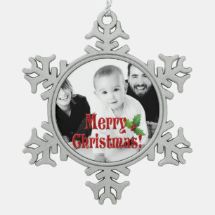 Modern Merry Christmas and Holly Custom Photo Snowflake Pewter Christmas Ornament