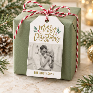Modern Merry Christmas Antique Gold Script Photo Gift Tags