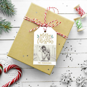 Modern Merry Christmas Antique Gold Script Photo Gift Tags