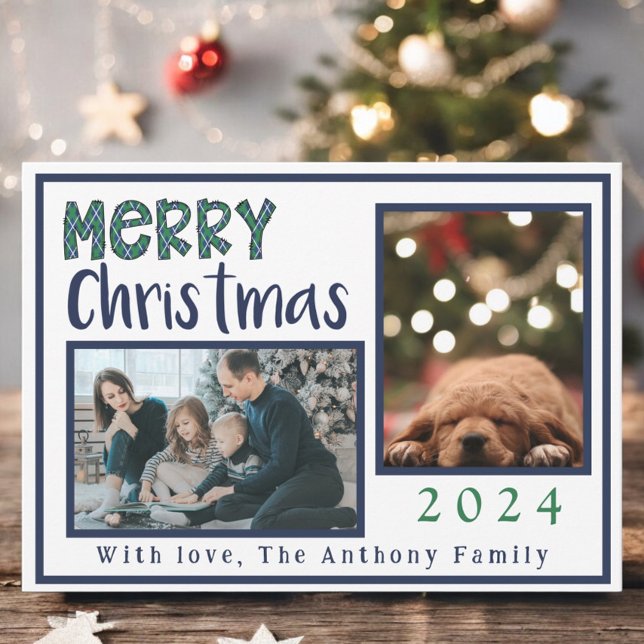 Modern Merry Christmas Argyle Blue Green 3 Photo Holiday Card (Creator Uploaded)