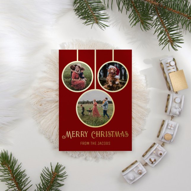 Modern Merry Christmas Bauble Photo Foil Holiday Card (Creator Uploaded)