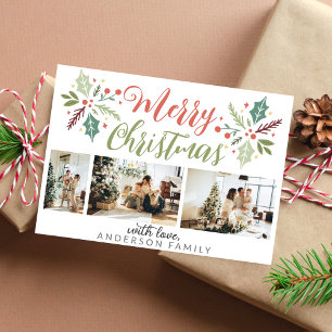 Modern Merry Christmas Berry Foliage Photo Collage Holiday Card