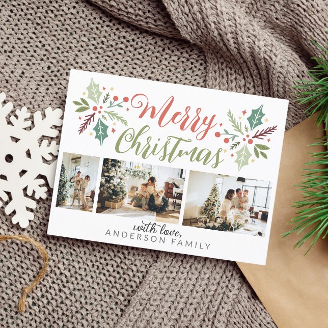 Modern Merry Christmas Berry Foliage Photo Collage Postcard (Creator Uploaded)