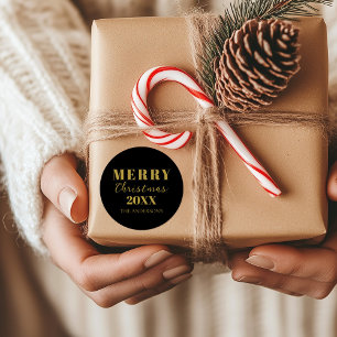 Modern Merry Christmas Black Holiday Packaging Classic Round Sticker