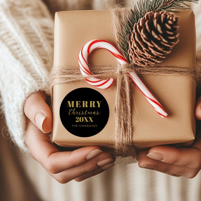 Modern Merry Christmas Black Holiday Packaging Classic Round Sticker (Creator Uploaded)