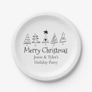 Modern Merry Christmas Black & White Custom Party Paper Plate