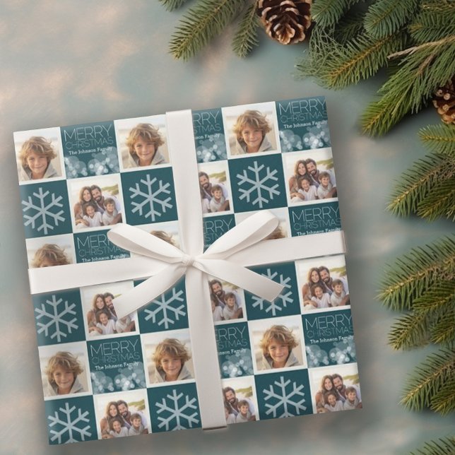 Modern Merry Christmas Blue Bokeh Personalised Wrapping Paper (Personalized wrapping paper with 2 photos)