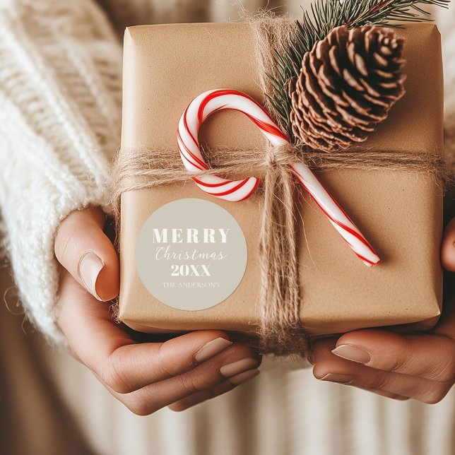 Modern Merry Christmas Boho Beige Holiday  Classic Round Sticker (Creator Uploaded)