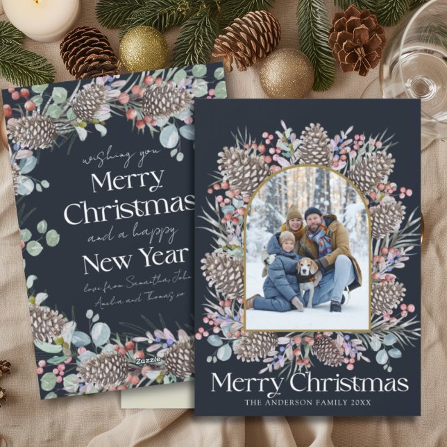 Modern Merry Christmas Botanical Wreath & Photo Holiday Card (Creator Uploaded)