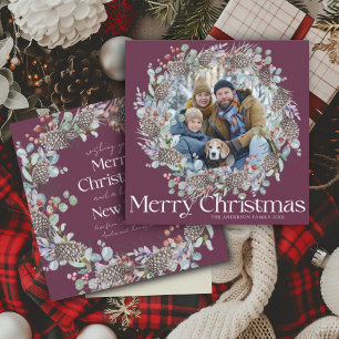Modern Merry Christmas Botanical Wreath & Photo Holiday Card