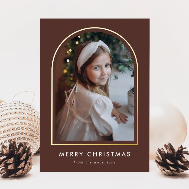 Modern Merry Christmas Brown Arch Photo Foil Holiday Card (Creator Uploaded)
