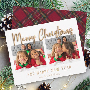 Modern Merry Christmas Bubble Letters Plaid Photo Holiday Card