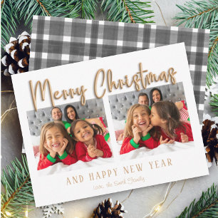 Modern Merry Christmas Bubble Letters Plaid Photo Holiday Card
