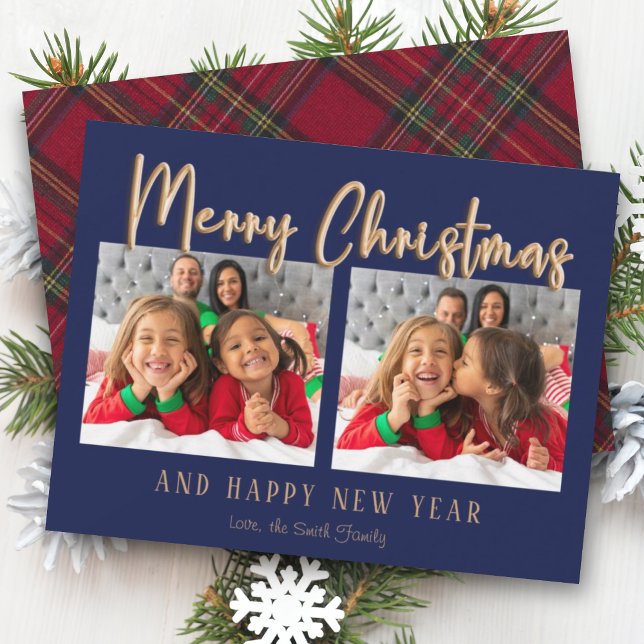 Modern Merry Christmas Bubble Letters Plaid Photo  Holiday Card (Creator Uploaded)