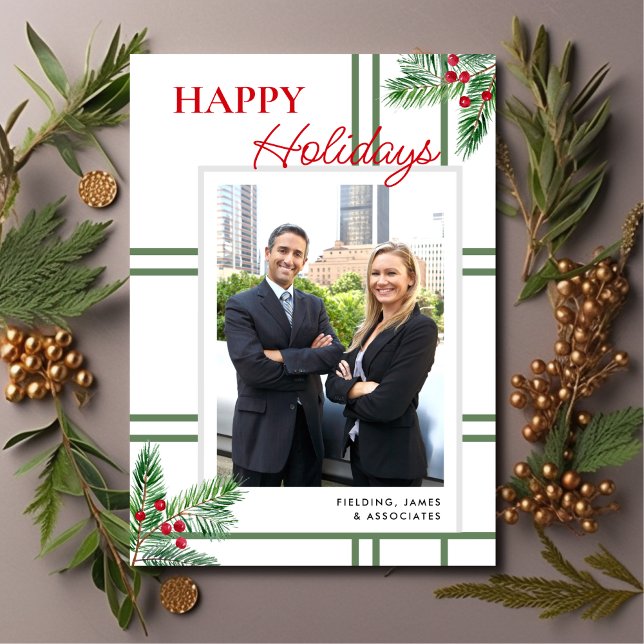 Modern Merry Christmas Business Photo Greenery Holiday Card (Creator Uploaded)
