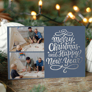 Modern Merry Christmas Calligraphy 2 Photos  Foil Holiday Card