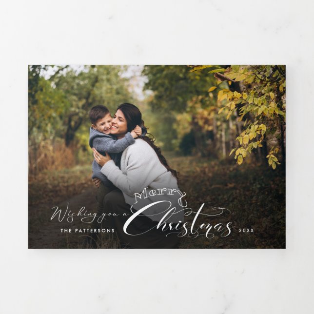 Modern Merry Christmas Calligraphy Photo Tri-Fold Holiday Card (Cover)