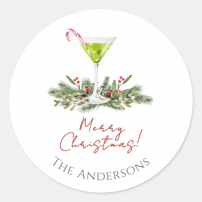 Modern Merry Christmas Candy Cane Cocktail Martini Classic Round Sticker (Front)
