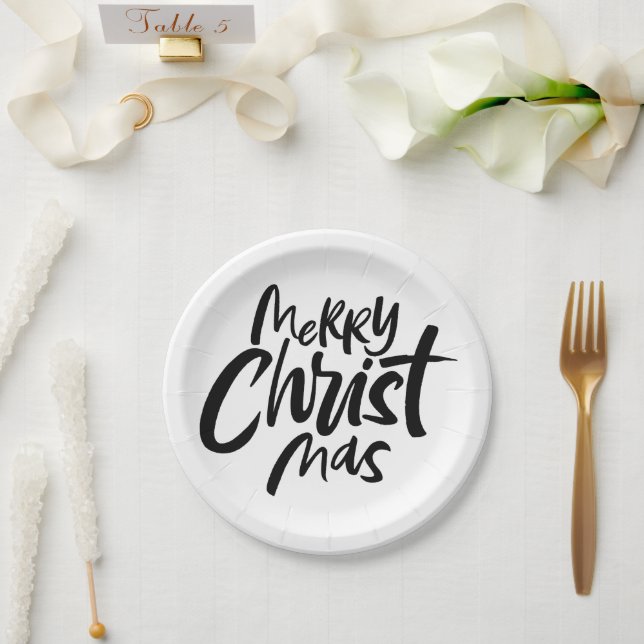 Modern Merry Christmas Christian Calligraphy Paper Plate (Wedding)