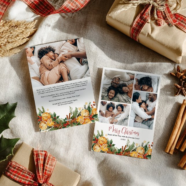 Modern merry Christmas Citrus family 5 photos Holiday Card (Modern merry Christmas Citrus family 5 photos Holiday Card)