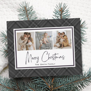 Modern Merry Christmas Classic Grey Plaid Holiday Card