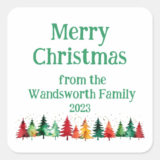 Modern Merry Christmas Colourful Watercolour Trees Square Sticker (Front)