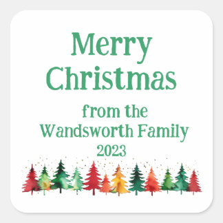 Modern Merry Christmas Colourful Watercolour Trees Square Sticker