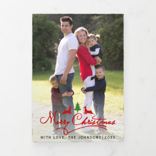 Modern Merry Christmas deer and tree photo Tri-Fold Holiday Card