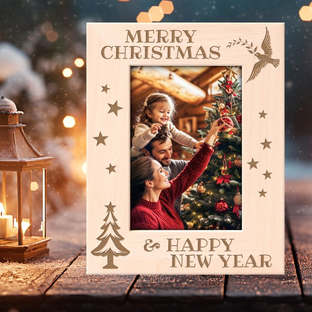 Modern Merry Christmas Elegant Photo Etched Frames (Etched Holiday picture frame featuring a peace bringing dove and Christmas tree with stars)